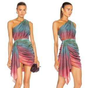 PatBO Sunset One Shoulder Draped Ruched Ombre Lurex Mini Dress Turquoise US 2